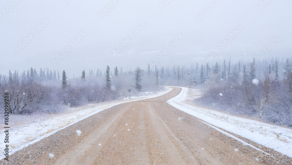 Obraz premium A lonely winter road covered in snow winds through a cold forest landscape