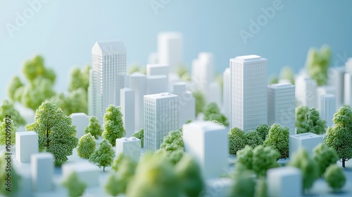 Fototapeta Naklejka Na Ścianę i Meble -  3D isometric rendering of a city landscape featuring trees and buildings in the background, a blue sky, and a color palette of white and green.