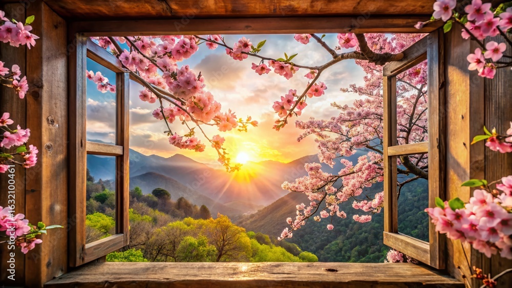 Obraz premium Spring Mountain View Through Window - Cherry Blossoms in Bloom