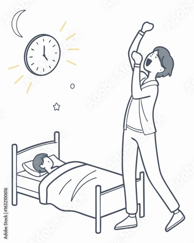 Vector illustration of a young person yawning and waking up early with moon and clock background
