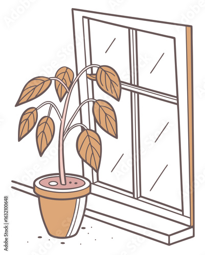 Vector illustration of a wilted indoor houseplant in clay pot on windowsill with natural light