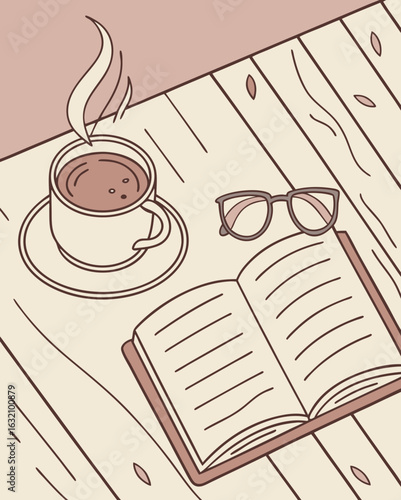 Cozy morning flat lay illustration with coffee cup, open book, and glasses on wooden table