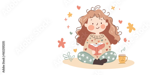 vector illustration of a cute girl holding a book, space for text