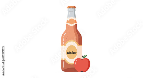 Refreshing apple cider in bottle with fresh red apple for autumn beverage concept