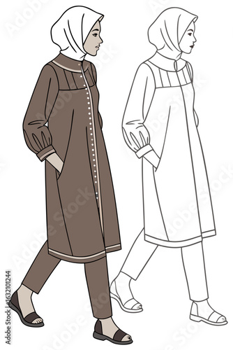  Fashion sketch vector of modest Muslim woman in hijab and abaya walking in stylish urban outfit
