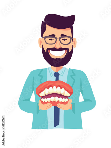 vector illustration of a happy dentist with jaw model