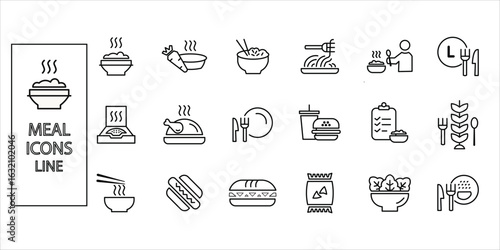 meal icons. burger, snack, sandwich, hot dog and more. line simple vector