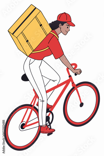Female food delivery rider on bicycle with backpack vector illustration for fast and urban transport services