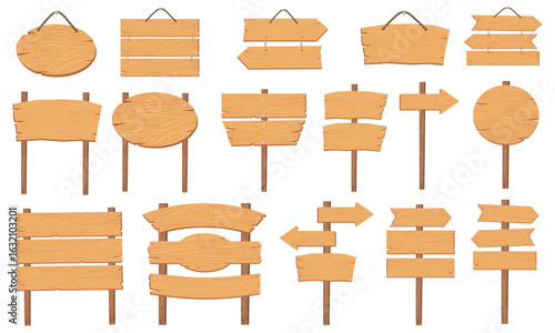 Wooden sign board collection vector illustration. Wood signpost with brown wood texture of different shapes and blank space for text or message. Signboard, Banner, Hanging billboard, panel plywood