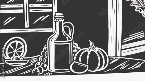 Still life with bottle, grapes, pumpkin, and orange slice on table  