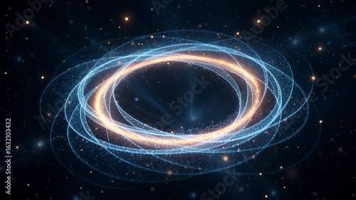 Dynamic glowing particle vortex visualization with futuristic abstract energy flow and cosmic stellar background. AI generative video