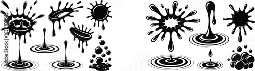 Dynamic black ink splashes and ripples illustrating fluid motion and impact