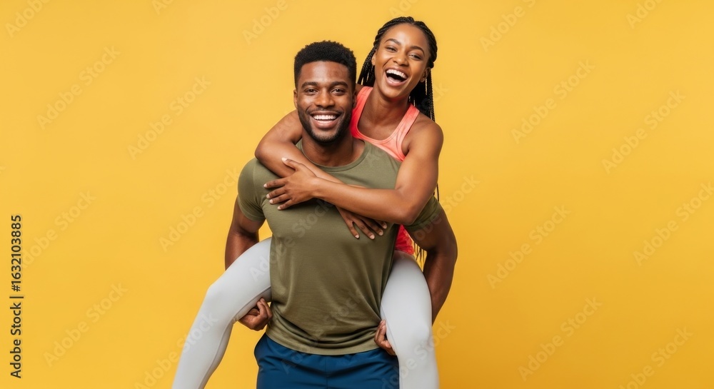 Obraz premium A joyful African American couple in activewear having fun. The strong man gives his happy girlfriend a piggyback ride on a yellow background.