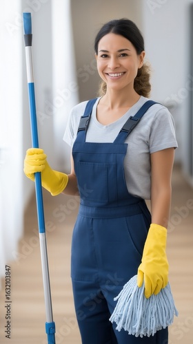 Young hispanic female cleaner in uniform with mop and gloves smiling indoors.