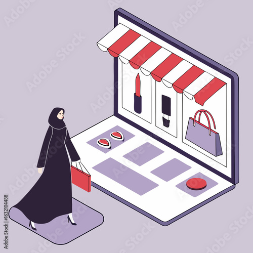 Muslim woman shopping online with laptop vector illustration for e-commerce fashion and beauty products