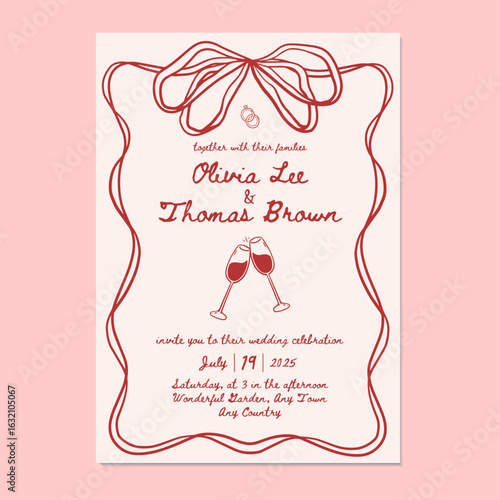 Hand drawn wedding invitation template. Vector illustration red hand drawn wedding invitation with clinking glasses and ribbon frame