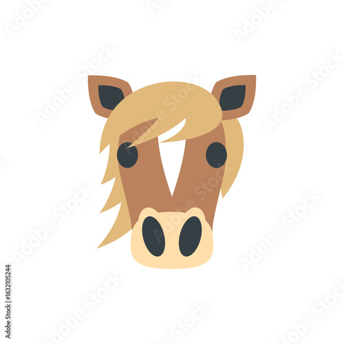 Illustration of a cartoon horse head with brown fur and blonde mane on a white background view front