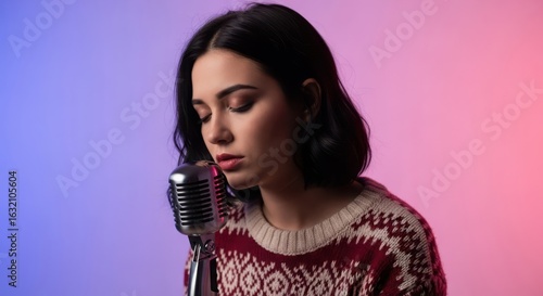 Young woman with dark hair singing a song into a vintage microphone with red and blue background