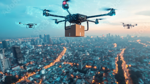 Smart drone delivering goods against a city backdrop, low-altitude economy concept