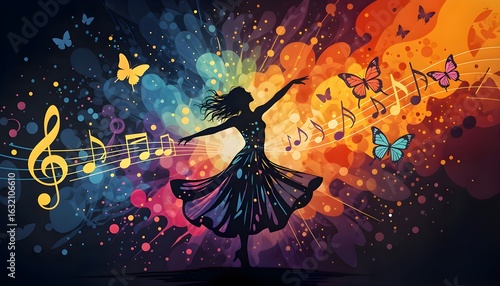 Dancing girl with musical notes and colorful butterflies.