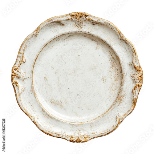 An ornate, off-white charger plate with gold detailing and a distressed finish, showcasing a slightly irregular, scalloped edge