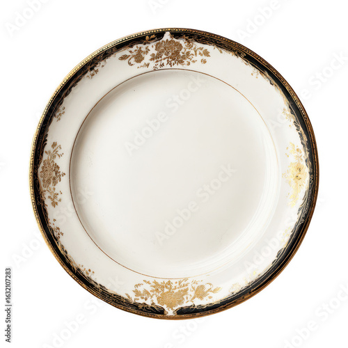 Elegant, ornate dinner plate with gold trim