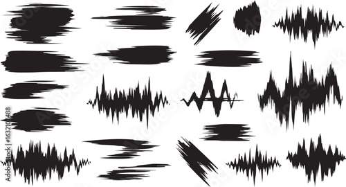 Collection of black brush stroke and sound wave graphics isolated on transparent background