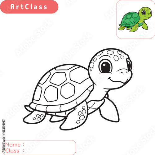 Adorable coloring page of a cute turtle. Simple vector illustration for children's activities, printable worksheets, and educational projects. Perfect for kids to learn about sea creatures.