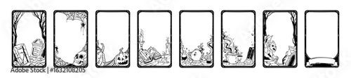 Halloween tarot card frame, hand drawn magic spooky doodle border set, dark witchcraft holiday print. Scary cemetery tombstone, smiling pumpkin, spiderweb. Creepy October Halloween frame black design