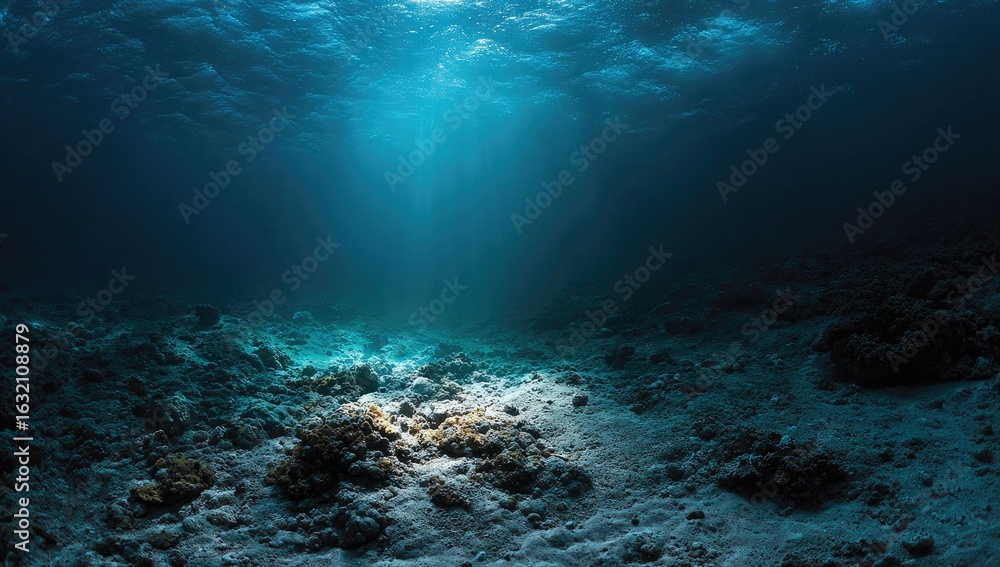 Fototapeta premium Underwater scene of sunbeams piercing deep ocean floor