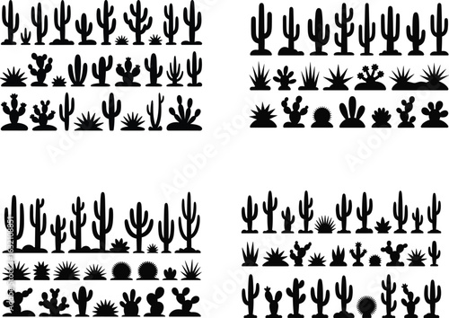 Collection of silhouette cactus and desert plant illustrations in four panels