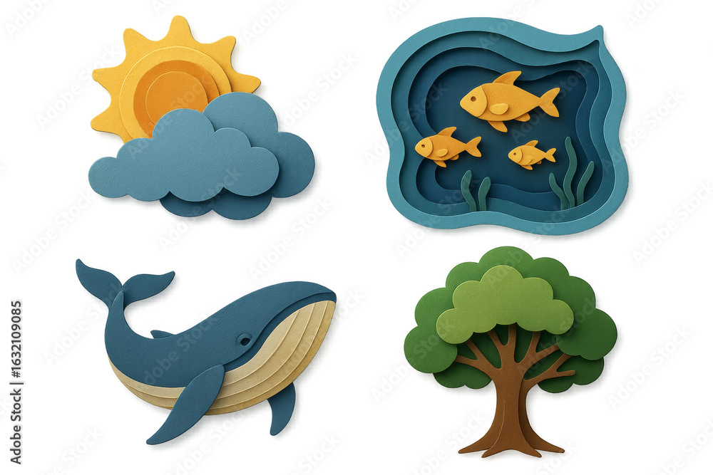 Fototapeta premium Paper cut elements representing nature with whale, fish, tree and sun
