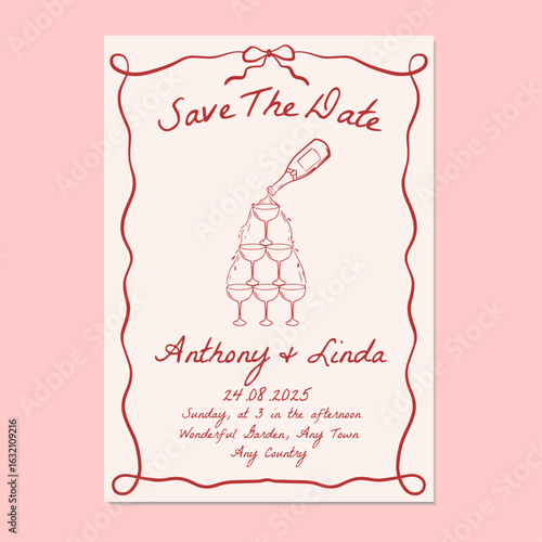 Hand drawn wedding invitation template. Vector illustration red hand drawn wedding invitation with champagne tower and ribbon frame