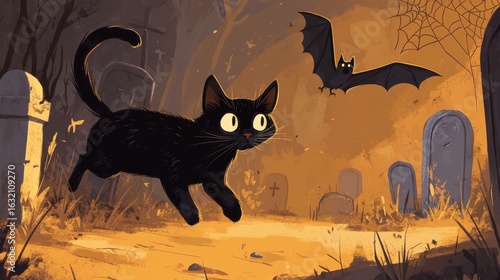 Animated black cat runs through graveyard with bat on halloween night