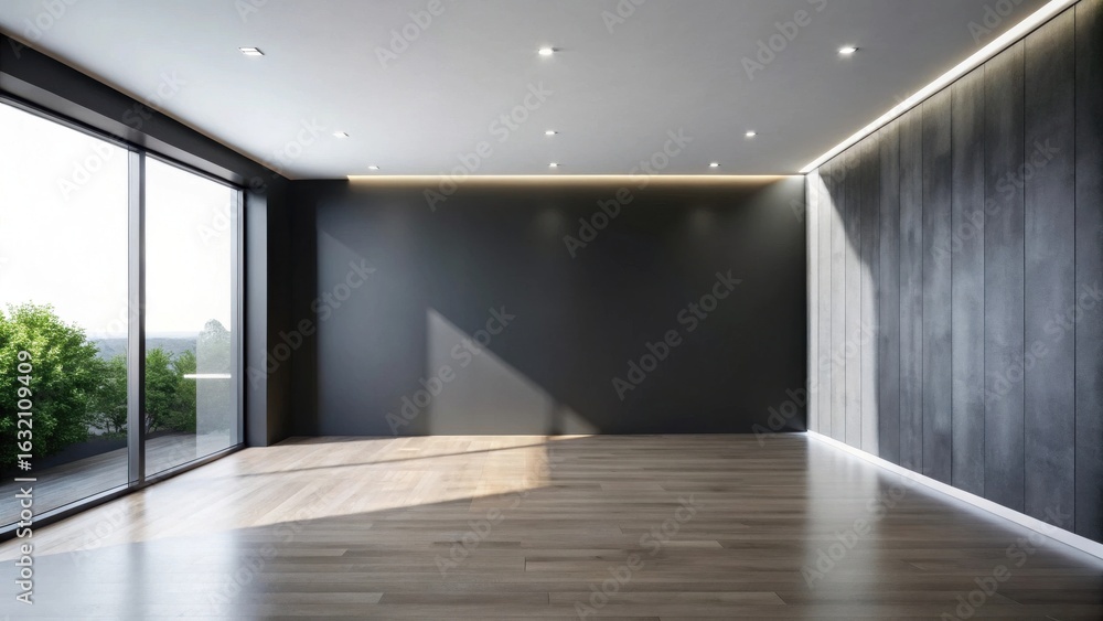 Fototapeta premium Modern Empty Room with Large Window and Textured Wall, Ideal for Interior Design Presentation