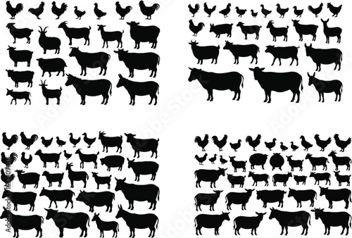Collection of farm animal silhouettes featuring cows sheep and chickens