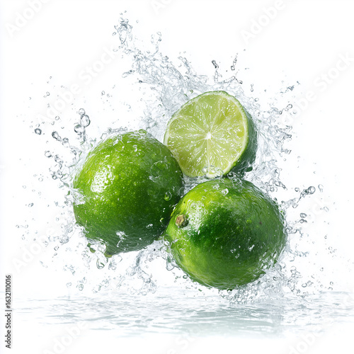 Fresh Limes with water splash on isolated white background