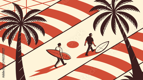 Two Surfers Walking with Surfboards Near Palm Trees.