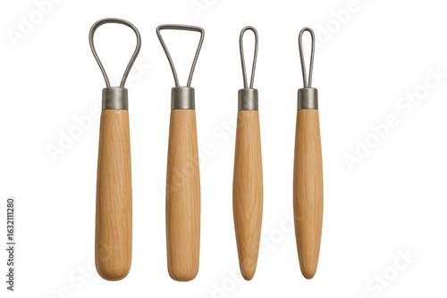 Set of ribbon clay sculpting tools with wooden handles on transparent background