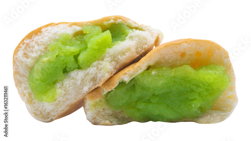 Soft bread filled with rich pandan custard on Isolated Background