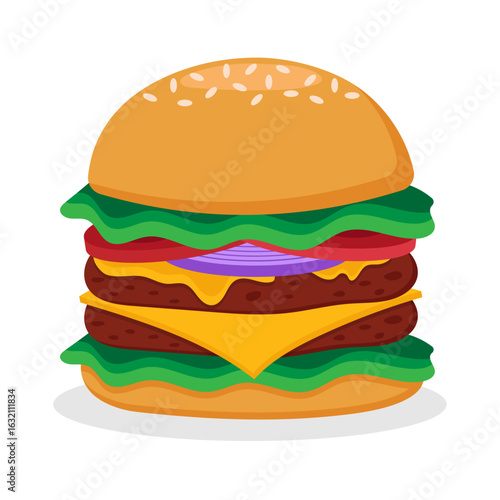 Vector illustration of a burger with a double patty, melted cheese, cheese slices, double lettuce, tomato and onion.
