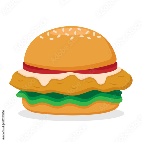 Vector illustration of a burger with a chicken patty, tartar sauce, lettuce, and tomato.