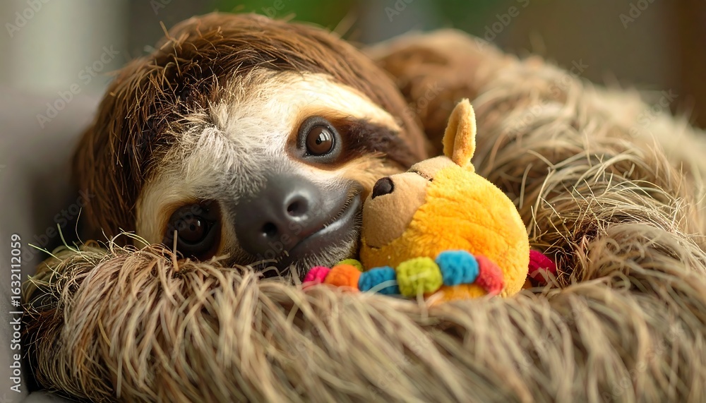 Obraz premium Adorable sloth resting with a yellow plush toy, nestled in a cozy straw bed
