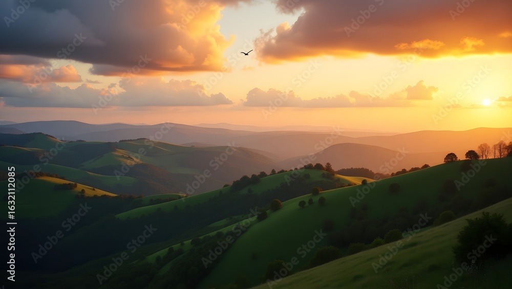 Fototapeta premium Serene Sunset Over Rolling Green Hills; Dramatic Sky, Golden Hour Light, Peaceful Landscape Photography