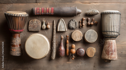 African musical instruments on rustic wooden floor