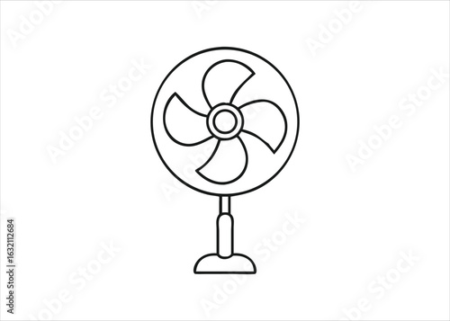 A clean line art illustration of a modern oscillating household appliance with a tall stand and a circular oscillating head isolated on white background