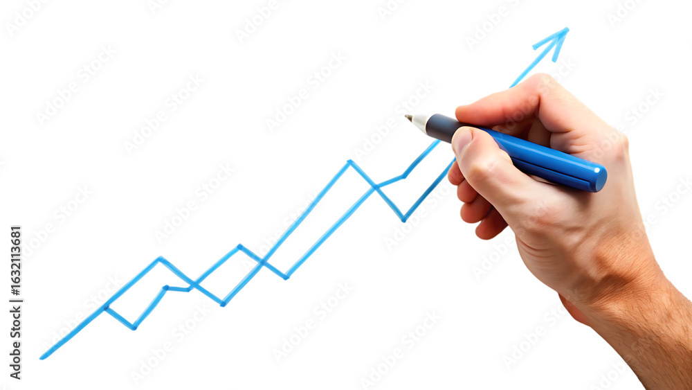 Hand drawing an upward-trending zigzag line graph, symbolizing growth and success, on a white background
