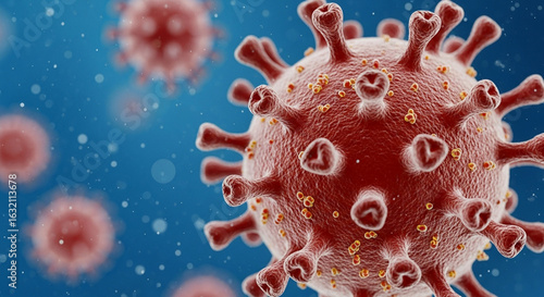 Hyperrealistic 3D Close-Up of COVID-19 Virus in Microphotography Style with Spike Proteins and Cinematic Lighting in a Scientific Fluid Background