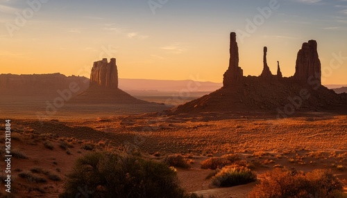 tall rock pillars rise dramatically in a vast desert bathed in rich red and orange hues as the sun sets behind distant mountains unique shadow patterns add depth to the scene