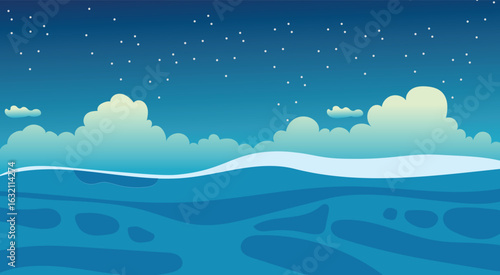 Night sky filled with stars above the ocean with stylized waves. A dreamy and cosmic vector scene.